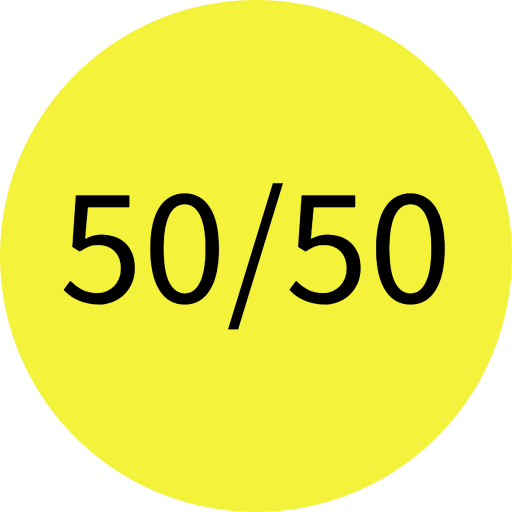 A yellow 50/50 badge graphic.