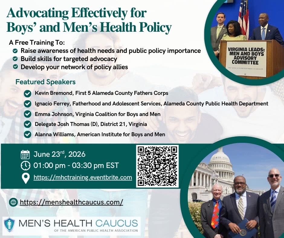 Flyer for a free Men's Health Caucus training, Advocating Effectively for Boys' and Men's Health Policy, on June 23, 2026.