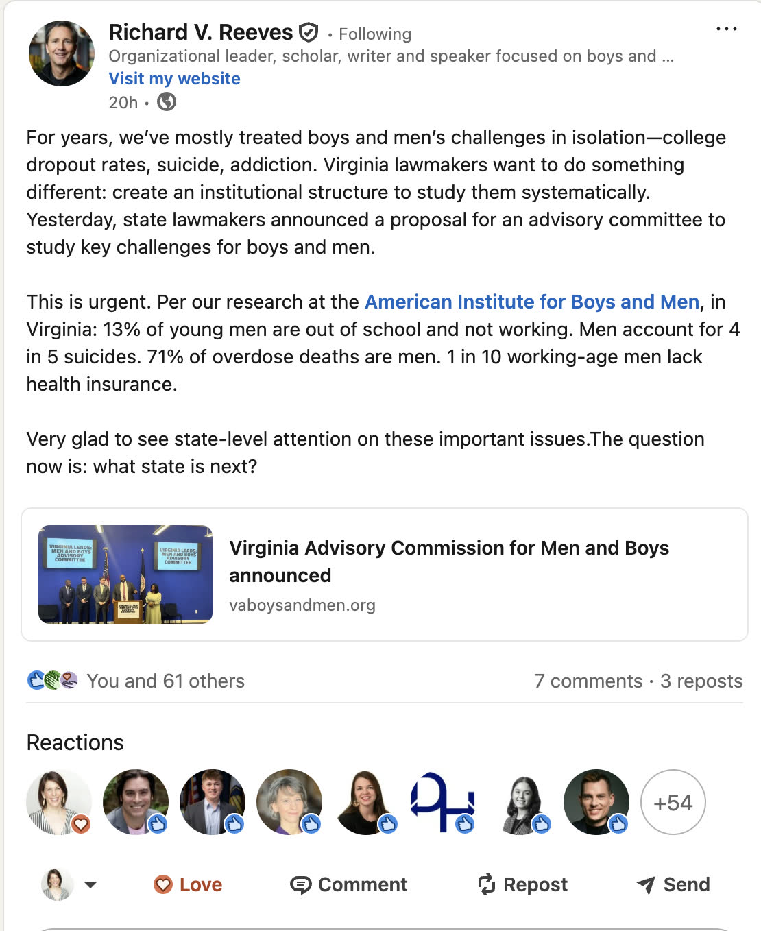 A LinkedIn post by Richard V. Reeves supporting Virginia's proposed advisory commission for boys and men.
