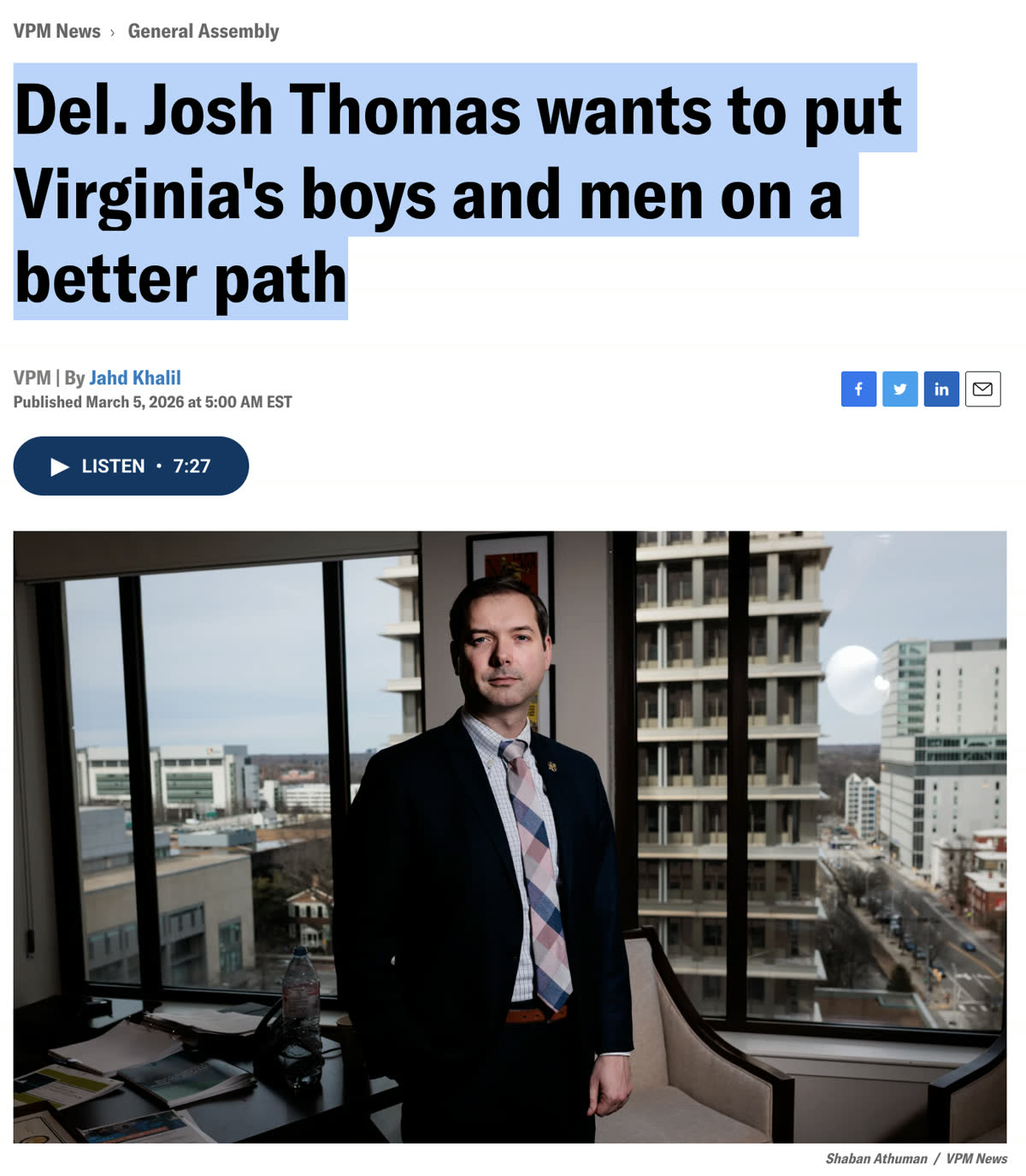 VPM News article headlined Del. Josh Thomas wants to put Virginia's boys and men on a better path, with a photo of Delegate Josh Thomas in his office.