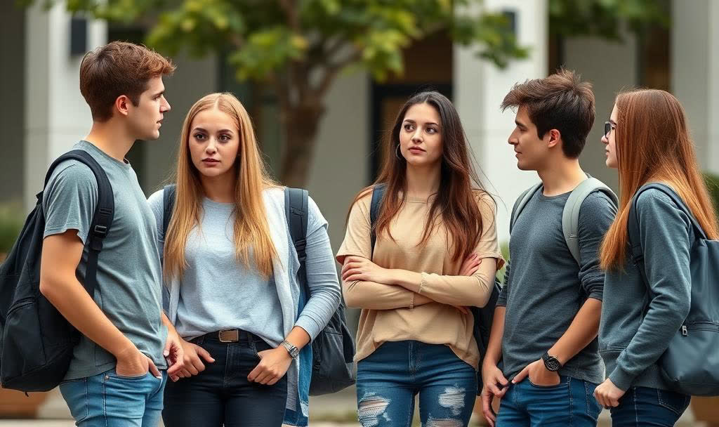 A group of college-age students talking outside on campus.